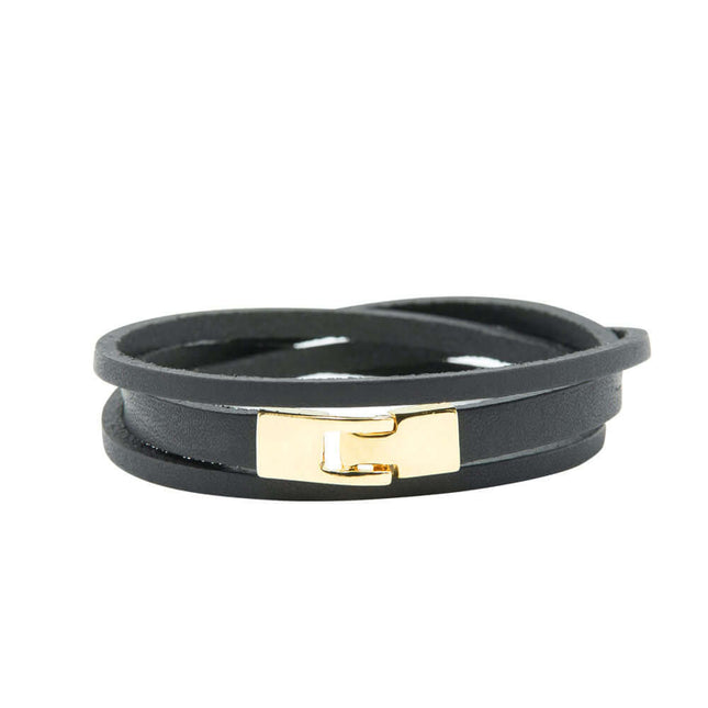 Double wrap slit leather bracelet in black with gold T-bar clasp, perfect for casual and elegant looks.