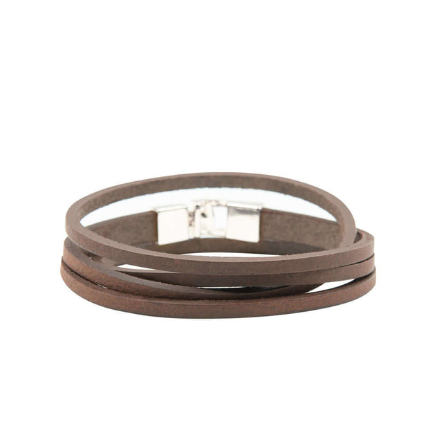 Double wrap slit leather bracelet in brown with silver hook clasp, perfect for everyday wear or layering.