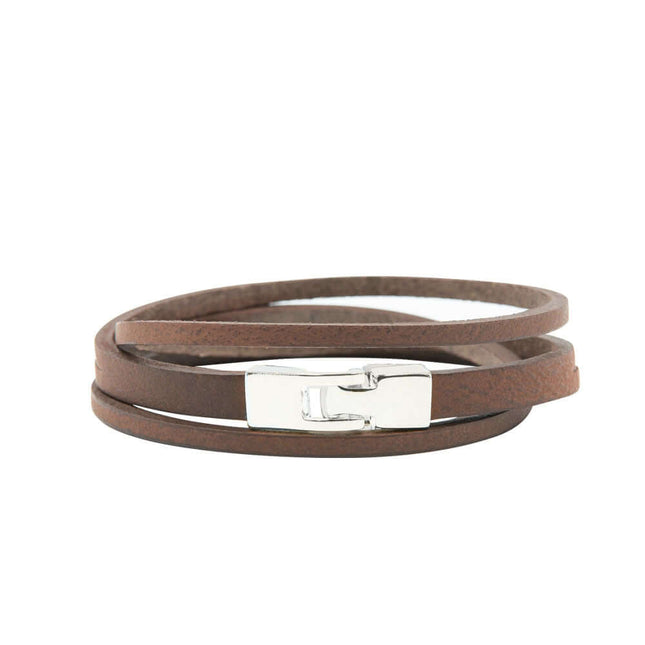 Double wrap slit leather bracelet in brown with silver hook clasp, perfect for everyday wear.