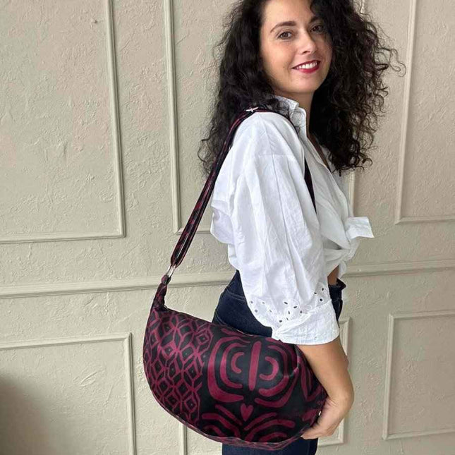 Garbanota – Velour Hobo Bag (Adjustable Strap, Machine Washable) - Burgundy Pattern - Daily Nomad