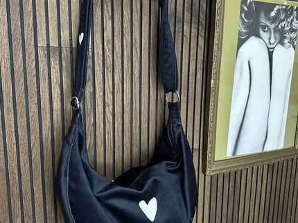 Garbanota – Velour Hobo Bag (Adjustable Strap, Machine Washable) Heart - Black - Daily Nomad