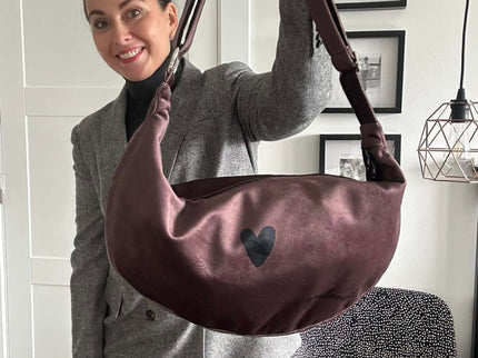 Garbanota – Velour Hobo Bag (Adjustable Strap, Machine Washable) Heart - Brown - Daily Nomad
