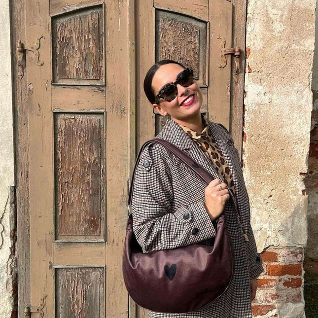 Garbanota – Velour Hobo Bag (Adjustable Strap, Machine Washable) Heart - Brown - Daily Nomad