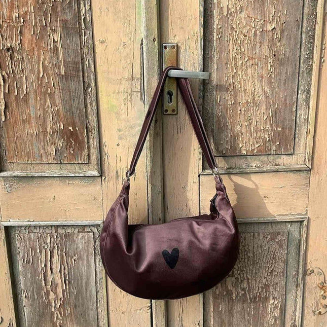 Garbanota – Velour Hobo Bag (Adjustable Strap, Machine Washable) Heart - Brown - Daily Nomad
