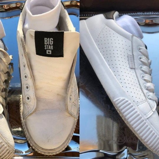 Before-and-after cleaning results on white sneakers with GoGoNano Clean