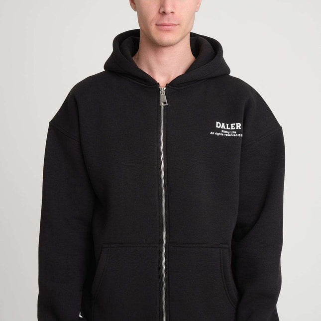 Heavyweight zipper hoodie in black, front view, featuring a relaxed fit and zip closure.