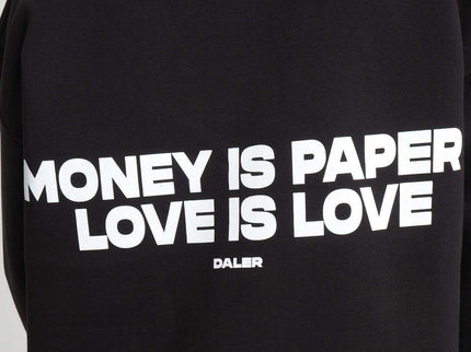 Back of heavyweight zipper hoodie with 'Money is Paper, Love is Love' slogan in bold white letters