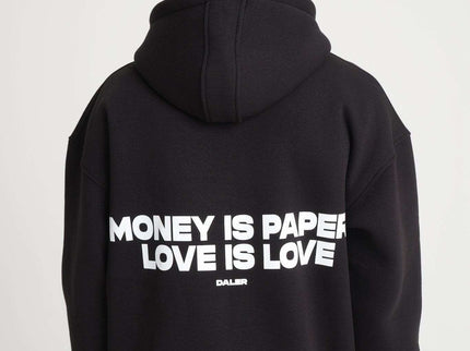 Back view of heavyweight zipper hoodie featuring 'Money is Paper, Love is Love' print, oversized fit in black.