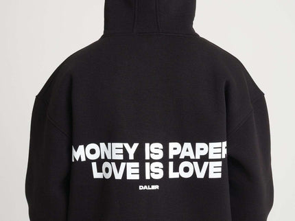 Heavyweight black zipper hoodie with 'Money is Paper, Love is Love' print on the back, oversized fit, 400 gsm.