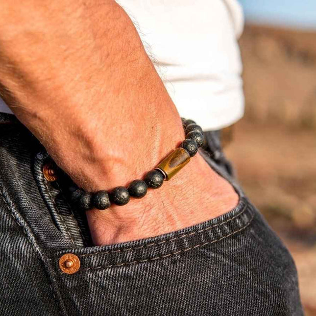 Lava Bracelet with 8mm Tiger Eye for Men - Daily Nomad