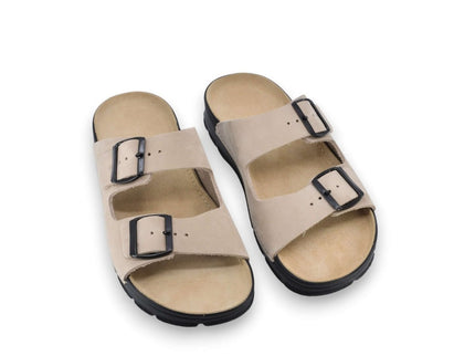 Meeliku Women's Beige Leather Sandals with Buckles, handcrafted for comfort and durability.
