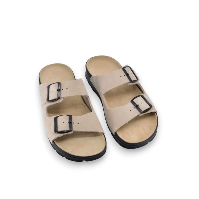 Meeliku Women's Beige Leather Sandals with Buckles, handcrafted for comfort and durability.