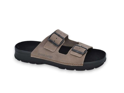 Meeliku women's brown leather sandals featuring adjustable buckles and durable black outsole for everyday comfort.