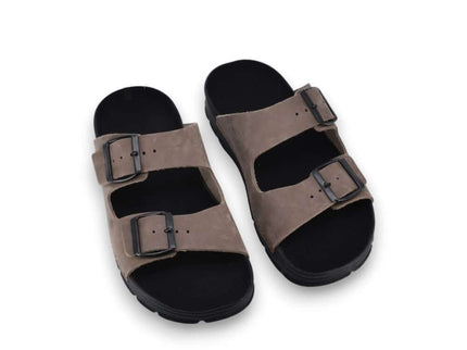 Meeliku Women's Leather Sandals in brown and black with adjustable buckles, designed for comfort and durability.