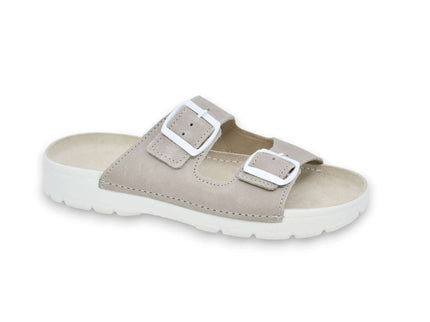 Meeliku women's leather sandals in grey and white, featuring buckles and a comfortable heritage sole.