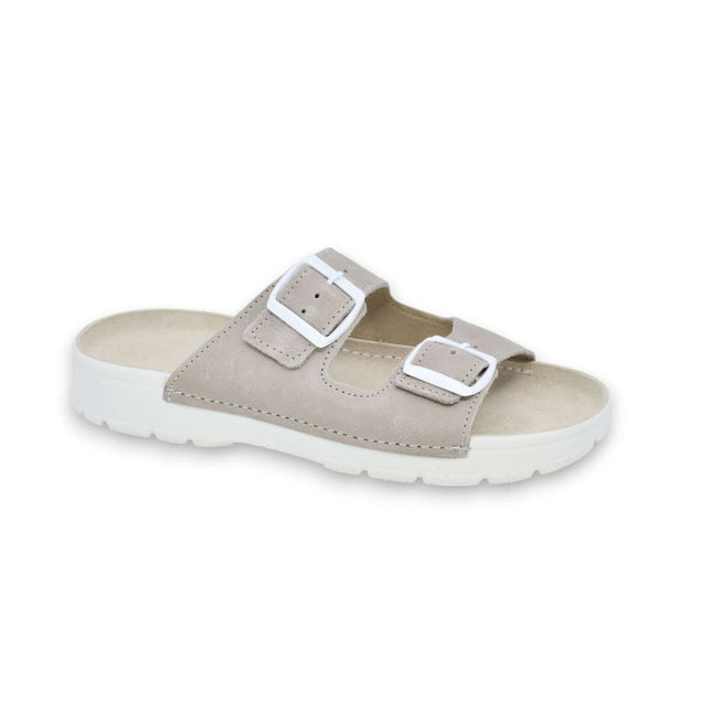 Meeliku women's leather sandals in grey and white, featuring buckles and a comfortable heritage sole.