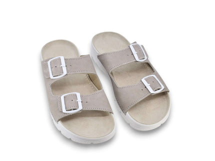 Meeliku Women's Leather Sandals in grey and white with double buckles, highlighting comfort and durability.
