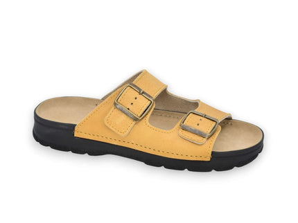 Meeliku Women's Leather Sandals in Yellow, featuring classic design and durable comfort for everyday wear.