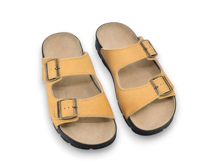 Meeliku leather sandals in yellow with double buckles, designed for women's everyday comfort and style.