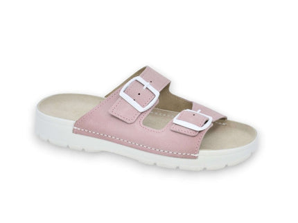 Meeliku Women's Leather Sandals in pink and white, featuring comfortable double buckle design, perfect for everyday wear.