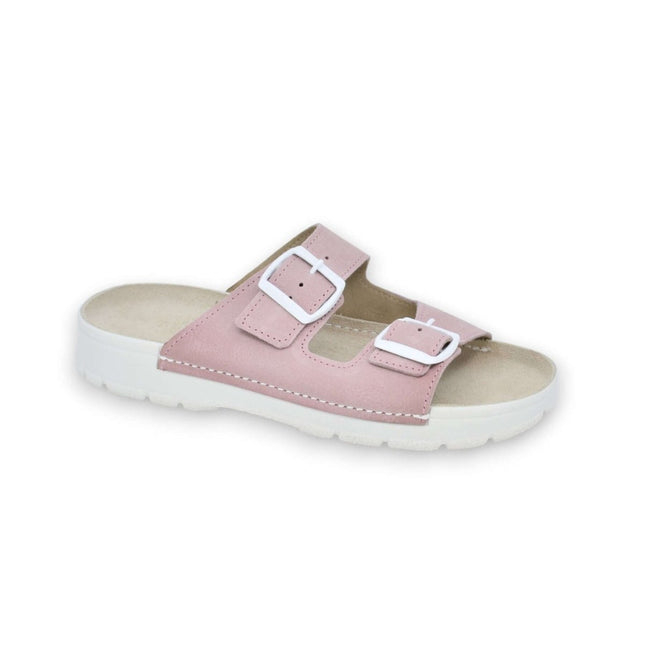 Meeliku Women's Leather Sandals in pink and white, featuring comfortable double buckle design, perfect for everyday wear.