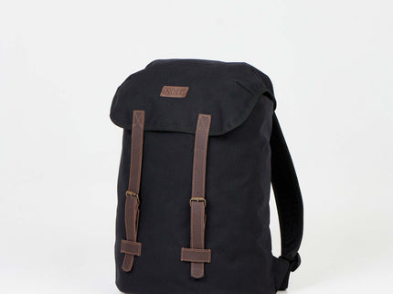 Cafe Handmade Backpack in black with brown straps, made of durable Cordura fabric.
