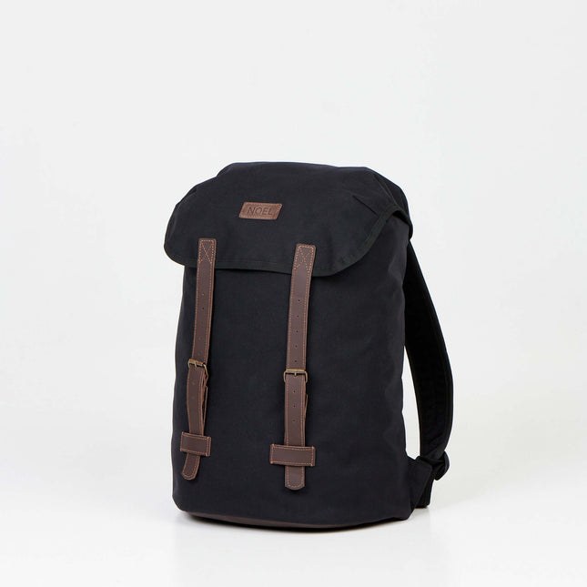 Cafe Handmade Backpack in black with brown straps, made of durable Cordura fabric.