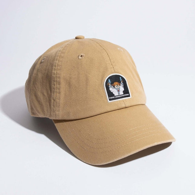 Pippi Longstocking sand dad cap featuring an embroidered design, crafted from 100% cotton for style and comfort.