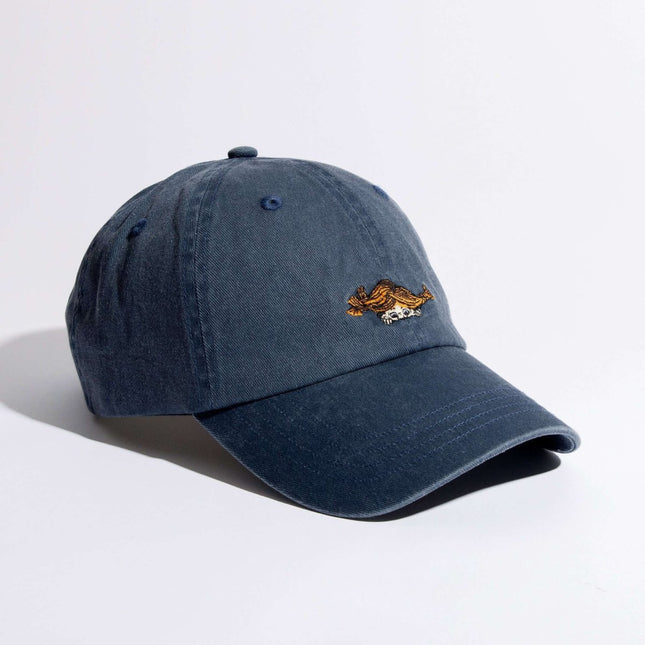 Pippi Denim Dad Cap in blue with embroidered design, perfect for casual style and comfort. Adjustable strap for adults.