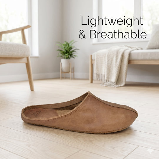 OmaKing Sulbi brown upcycled leather slippers, view 2