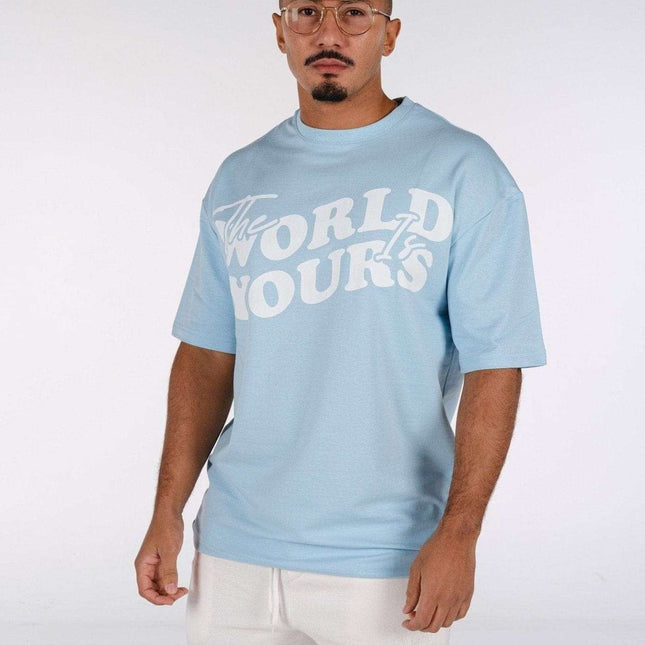 DalerClo oversized baby blue T-shirt with bold print, relaxed fit, minimalist streetwear design.