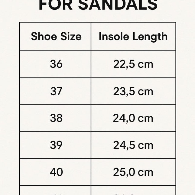 Size chart for sandals displaying shoe sizes and corresponding insole lengths in centimeters.