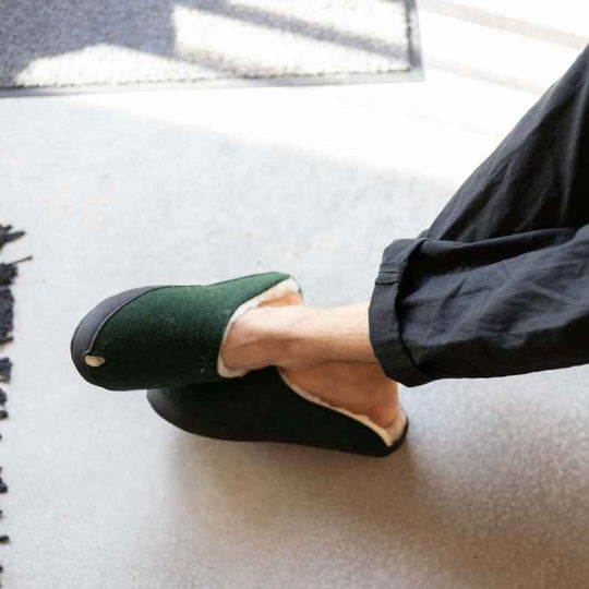 TOKU Brussels dark green lambswool-lined slippers, view 1