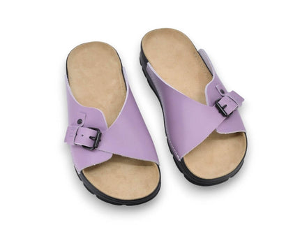TOKU Rome Orchid Sandals in lavender with soft leather upper and buckle detail, perfect for everyday comfort.