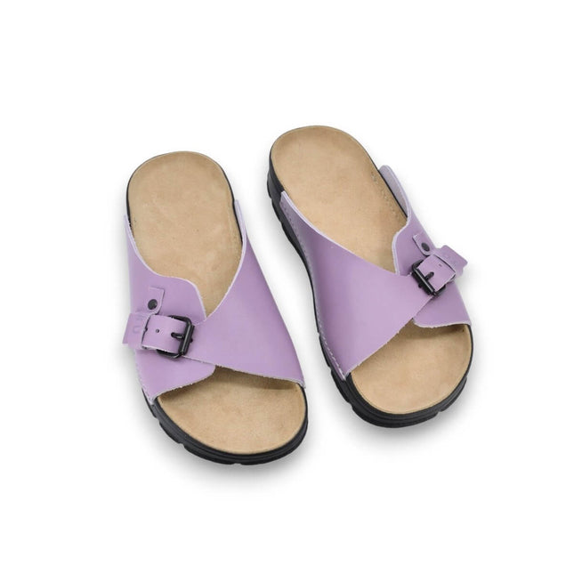 TOKU Rome Orchid Sandals in lavender with soft leather upper and buckle detail, perfect for everyday comfort.