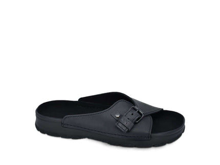 TOKU Rome Slide Sandals in Black, handmade leather, comfortable fit, Mediterranean style footwear.