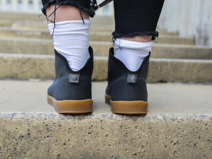 Rear view of TOKU Stockholm sustainable sneakers on a person walking down steps, showcasing eco-friendly design.
