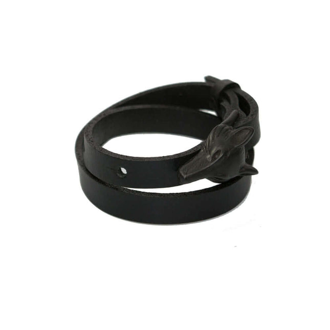 Black matte double wrap leather bracelet with wolf buckle, symbolizing strength and individuality.