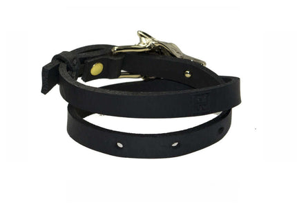 Double wrap black leather bracelet with silver buckle and adjustable strap, perfect for everyday wear.