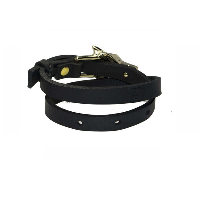 Double wrap black leather bracelet with silver buckle and adjustable strap, perfect for everyday wear.