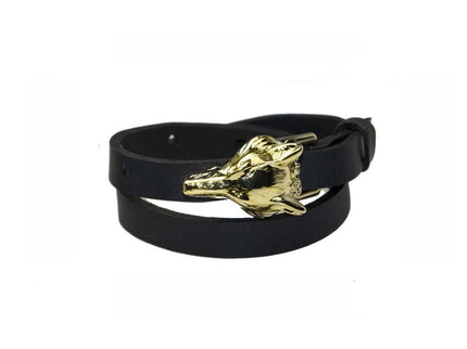 Double wrap black leather bracelet with a striking gold wolf buckle, adjustable fit, perfect for everyday style.