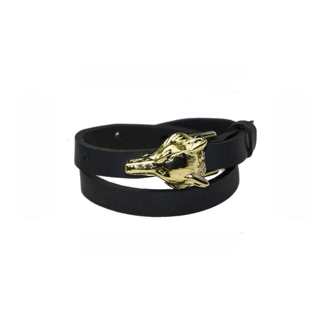 Double wrap black leather bracelet with a striking gold wolf buckle, adjustable fit, perfect for everyday style.