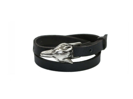 Double wrap leather bracelet featuring a silver wolf buckle, symbolizing strength and style.