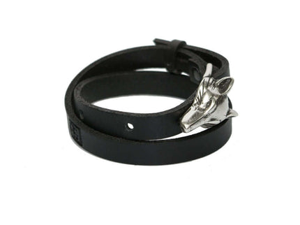Double Wrap Wolf Buckle Leather Bracelet in black leather with silver matte wolf head detail, ideal for everyday wear.