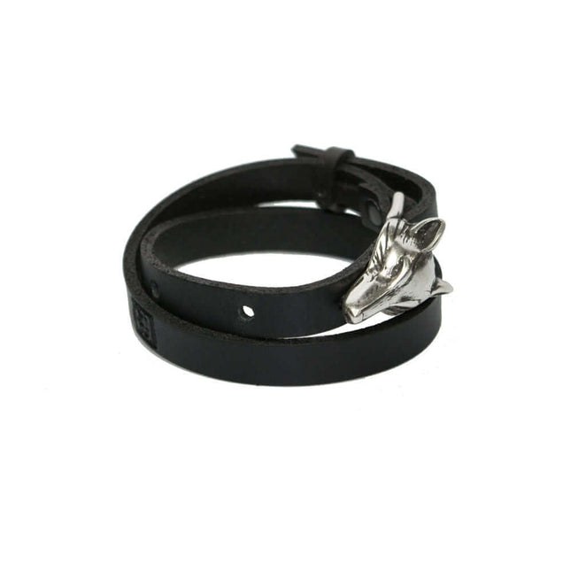 Double Wrap Wolf Buckle Leather Bracelet in black leather with silver matte wolf head detail, ideal for everyday wear.