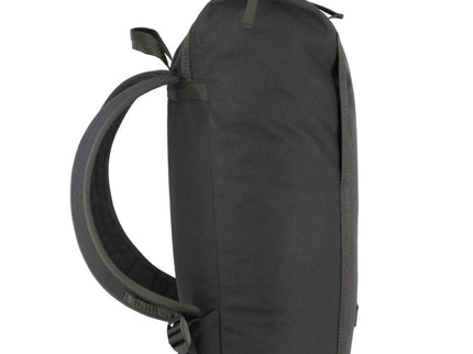 Black zip backpack with G-hook side view, featuring padded straps and spacious compartments.