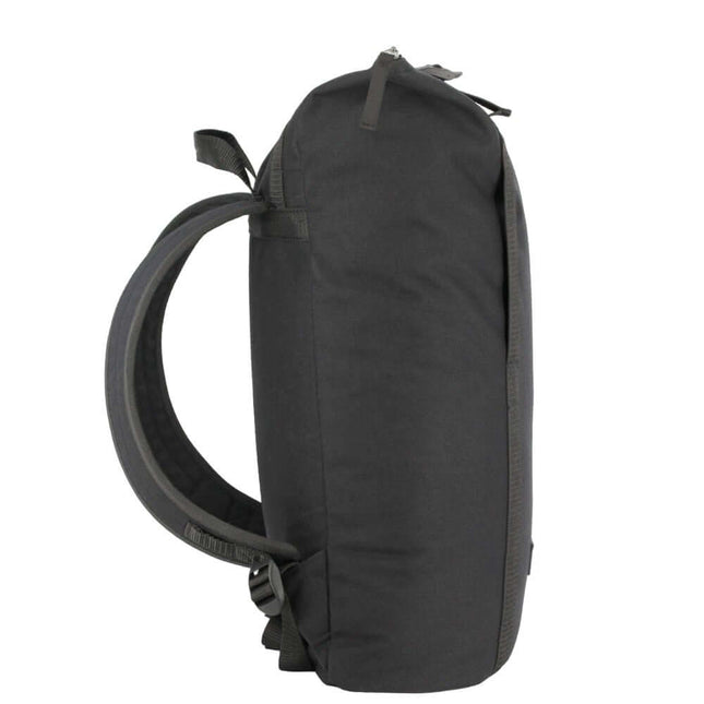 Black zip backpack with G-hook side view, featuring padded straps and spacious compartments.